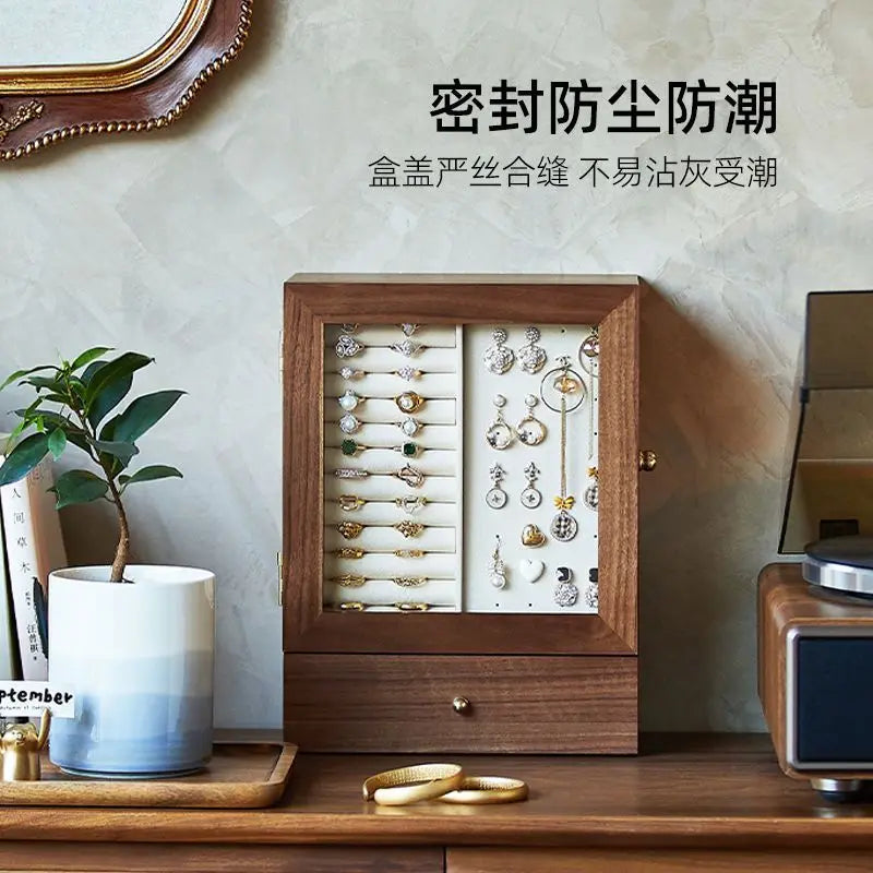 Walnut jewelry storage box High appearance level delicate earrings Stud necklace jewelry multi-layer jewelry box Solid wood