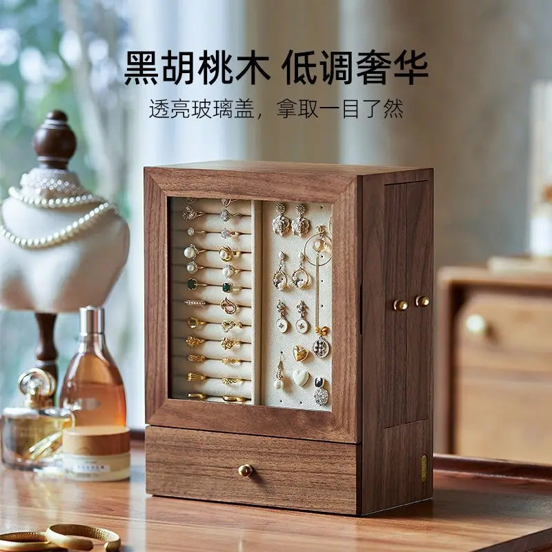 Walnut jewelry storage box High appearance level delicate earrings Stud necklace jewelry multi-layer jewelry box Solid wood