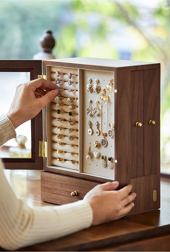 Walnut jewelry storage box High appearance level delicate earrings Stud necklace jewelry multi-layer jewelry box Solid wood