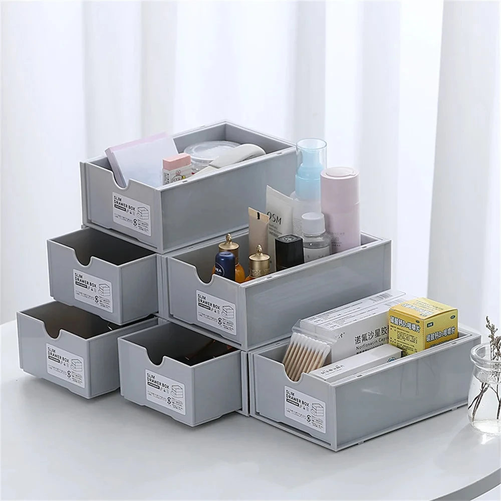 Desktop storage boxes, cosmetics storage, and office stationery storage cabinets can be stacked and combined for drawer storage