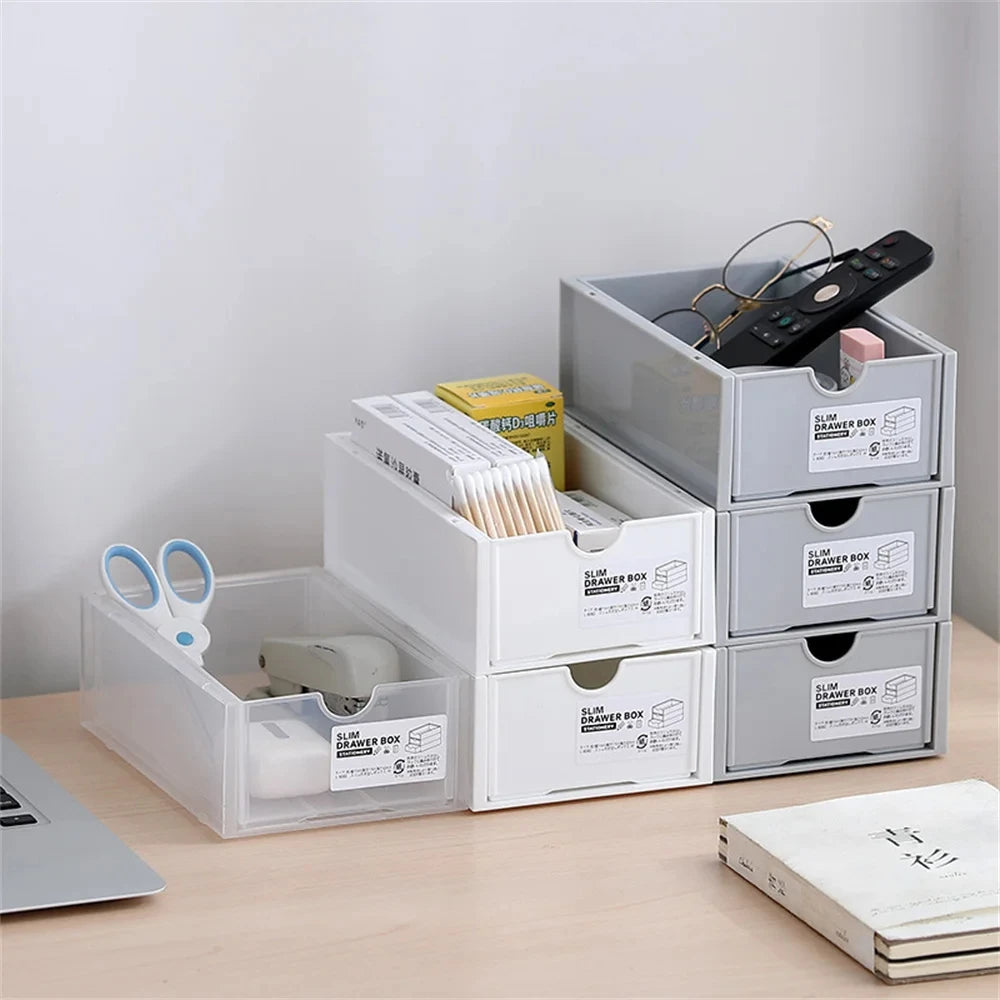 Desktop storage boxes, cosmetics storage, and office stationery storage cabinets can be stacked and combined for drawer storage