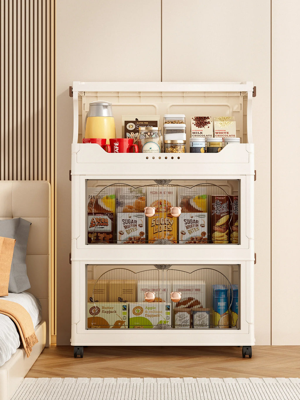 Snack storage shelf, large floor cart for the living room, toy organizing folding cabinet, movable household storage box