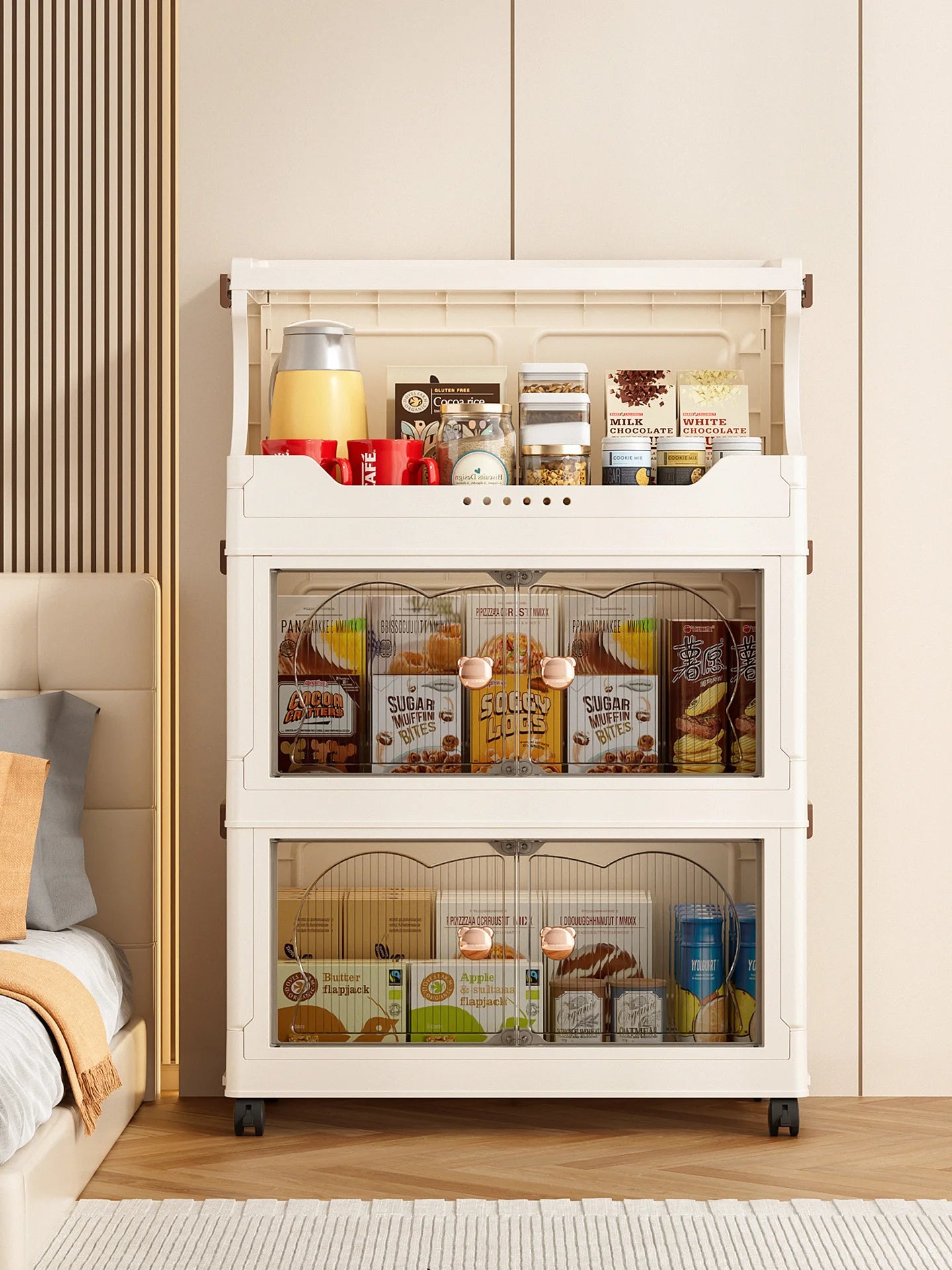Snack storage shelf, large floor cart for the living room, toy organizing folding cabinet, movable household storage box