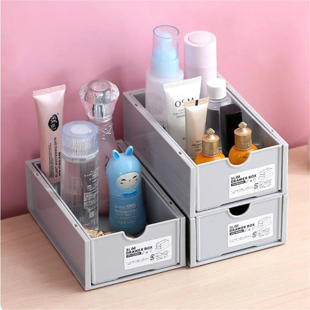 Desktop storage boxes, cosmetics storage, and office stationery storage cabinets can be stacked and combined for drawer storage