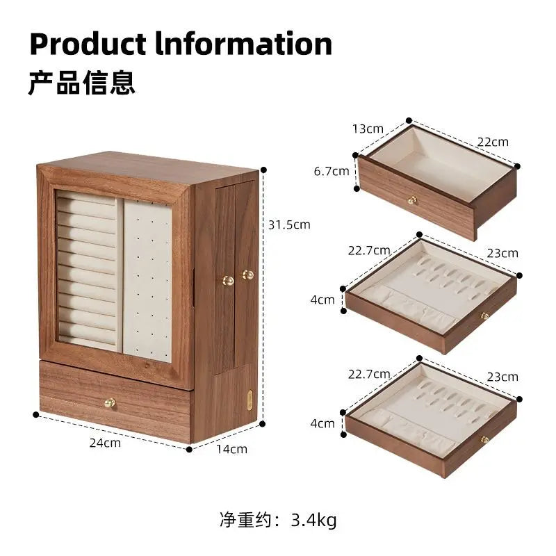 Walnut jewelry storage box High appearance level delicate earrings Stud necklace jewelry multi-layer jewelry box Solid wood