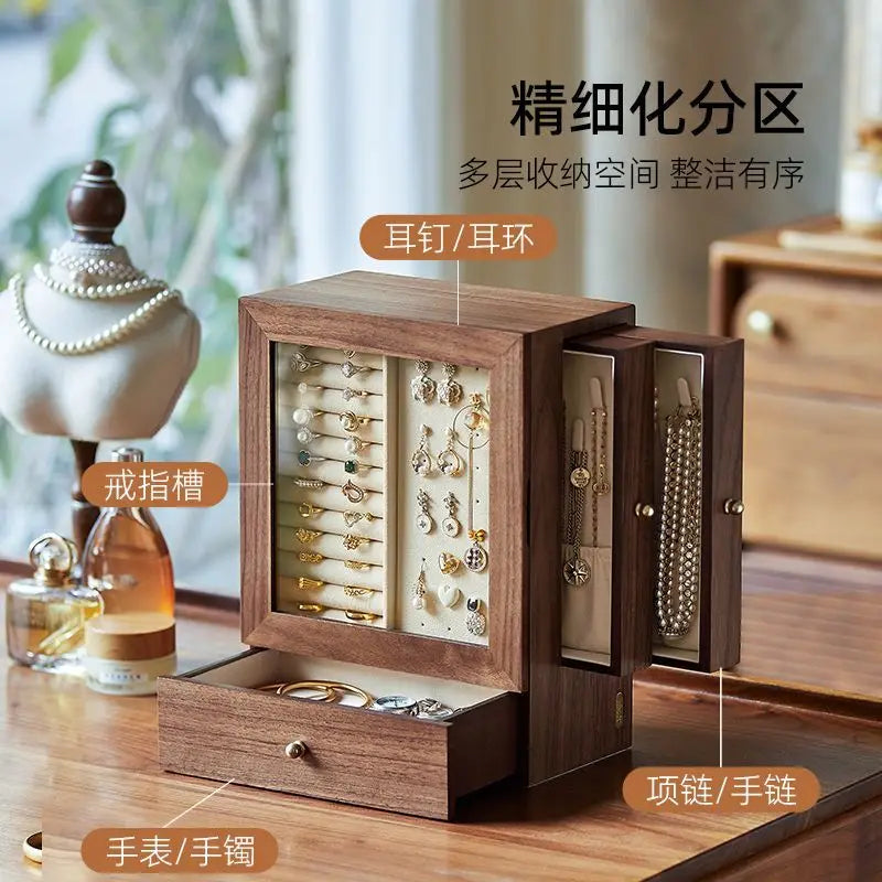 Walnut jewelry storage box High appearance level delicate earrings Stud necklace jewelry multi-layer jewelry box Solid wood