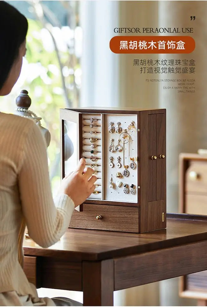 Walnut jewelry storage box High appearance level delicate earrings Stud necklace jewelry multi-layer jewelry box Solid wood