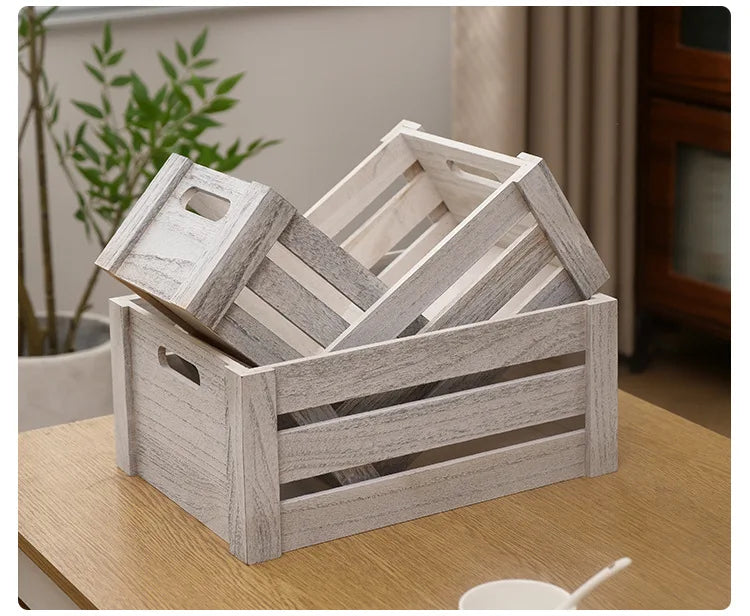 Storage Basket Set Sorting Box Sundries Storage Box Solid Wood Storage Wooden Box Retro Display Thickened Wooden Strips Splicing