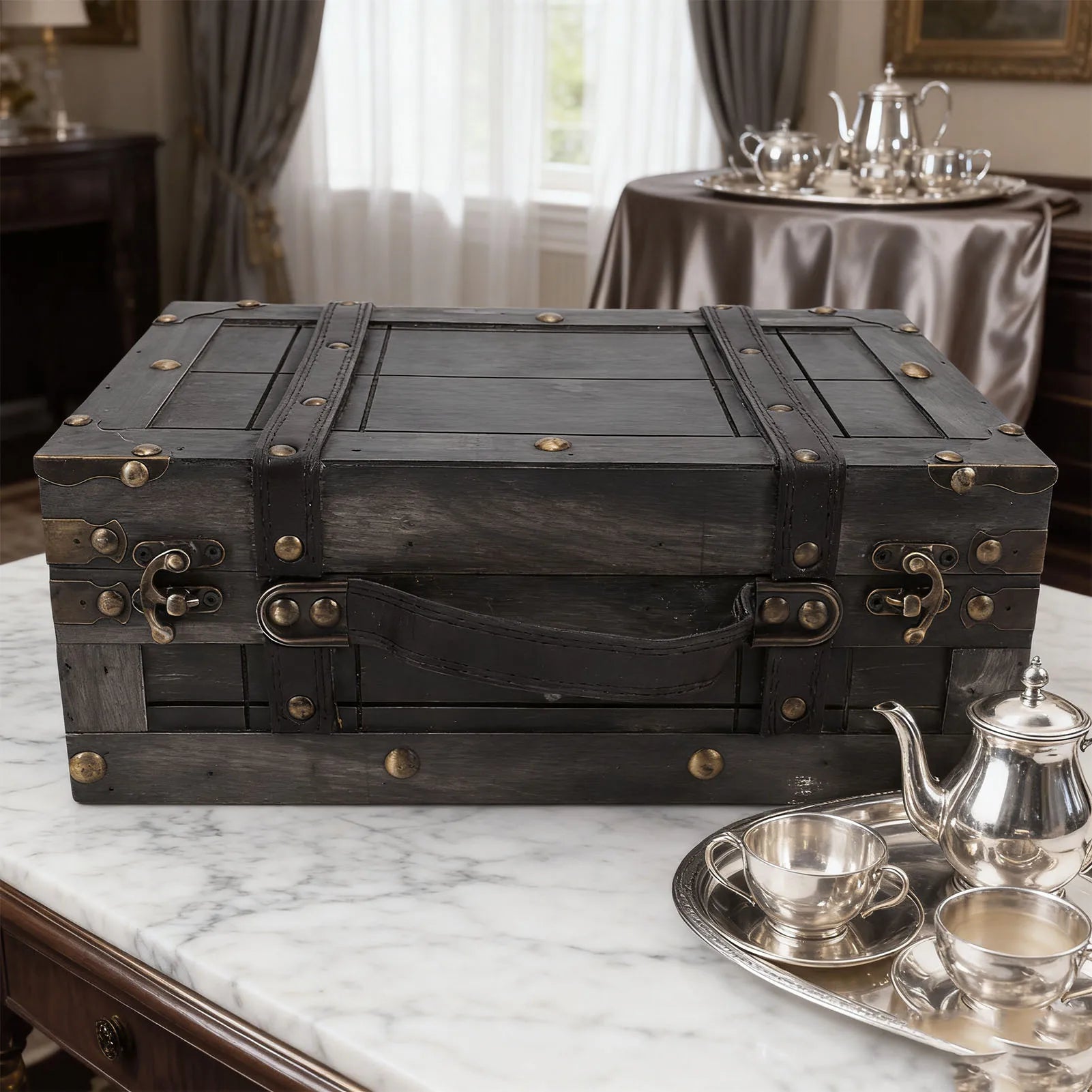 Wood Storage Trunk Wooden Chest Vintage Wood Storage Trunk with Lid Retro Suitcase Portable Box Ancient Photography Props S