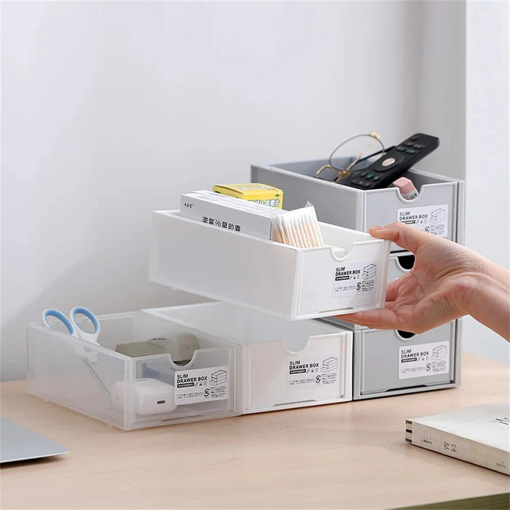 Desktop storage boxes, cosmetics storage, and office stationery storage cabinets can be stacked and combined for drawer storage