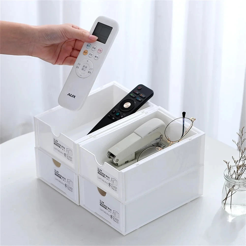 Desktop storage boxes, cosmetics storage, and office stationery storage cabinets can be stacked and combined for drawer storage