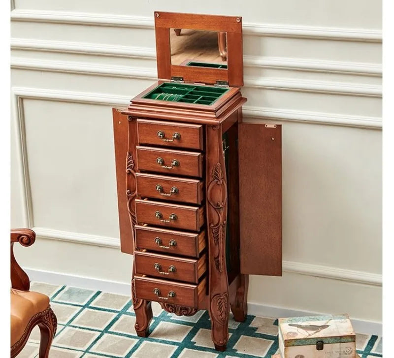 Solid Wood Storage Jewelry Cabinet Mirror Organizer Living Room Drawers Jewelry Cabinet Bucket Retro Luxury Bedroom Furniture
