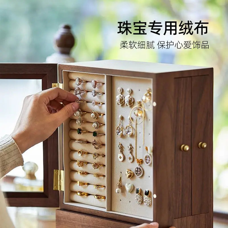 Walnut jewelry storage box High appearance level delicate earrings Stud necklace jewelry multi-layer jewelry box Solid wood