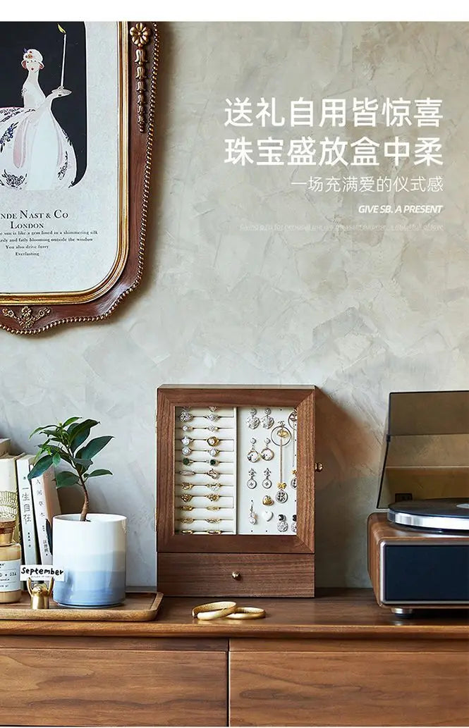Walnut jewelry storage box High appearance level delicate earrings Stud necklace jewelry multi-layer jewelry box Solid wood