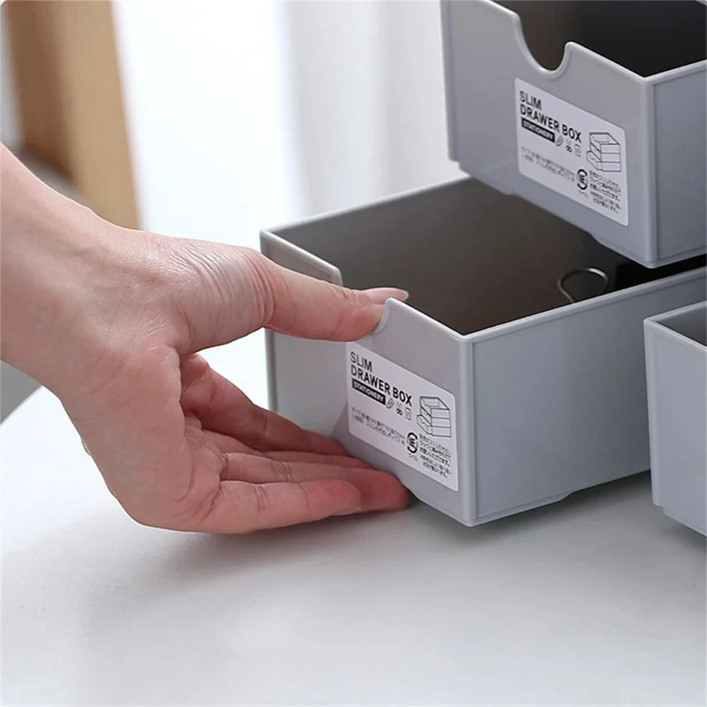 Desktop storage boxes, cosmetics storage, and office stationery storage cabinets can be stacked and combined for drawer storage