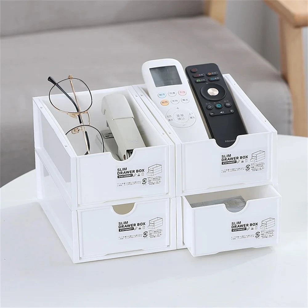 Desktop storage boxes, cosmetics storage, and office stationery storage cabinets can be stacked and combined for drawer storage