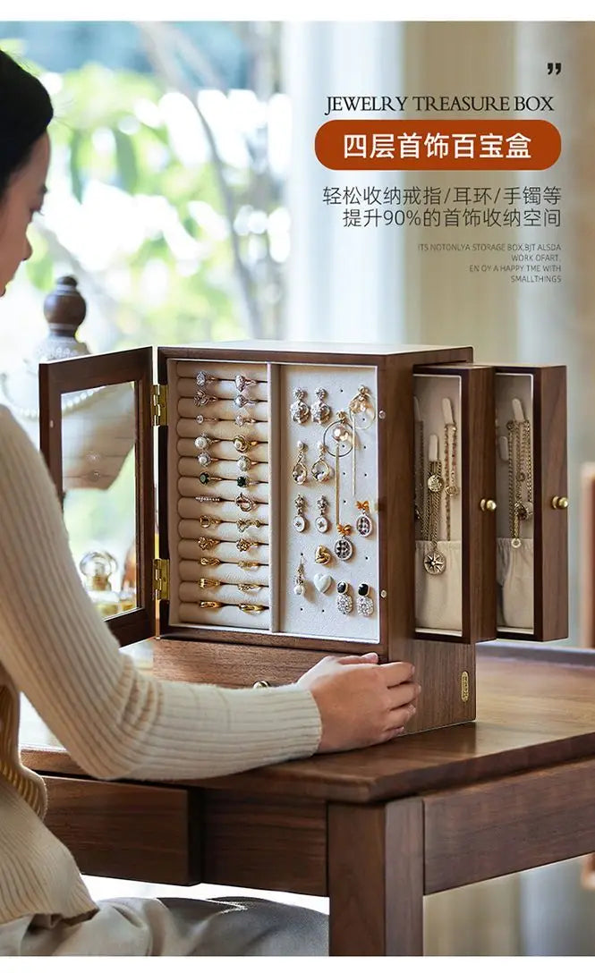 Walnut jewelry storage box High appearance level delicate earrings Stud necklace jewelry multi-layer jewelry box Solid wood