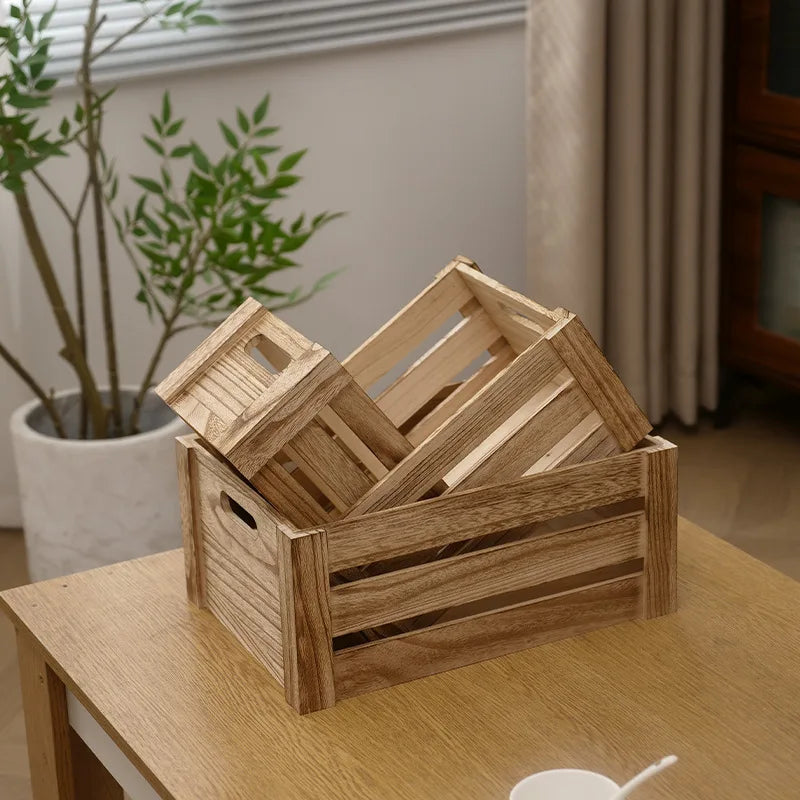 Storage Basket Set Sorting Box Sundries Storage Box Solid Wood Storage Wooden Box Retro Display Thickened Wooden Strips Splicing