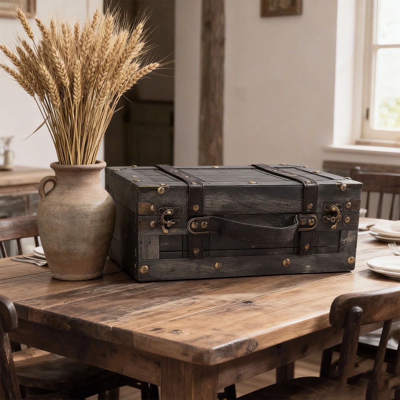 Wood Storage Trunk Wooden Chest Vintage Wood Storage Trunk with Lid Retro Suitcase Portable Box Ancient Photography Props S