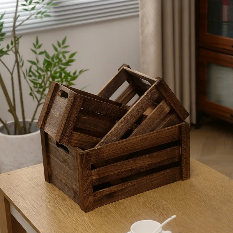 Storage Basket Set Sorting Box Sundries Storage Box Solid Wood Storage Wooden Box Retro Display Thickened Wooden Strips Splicing