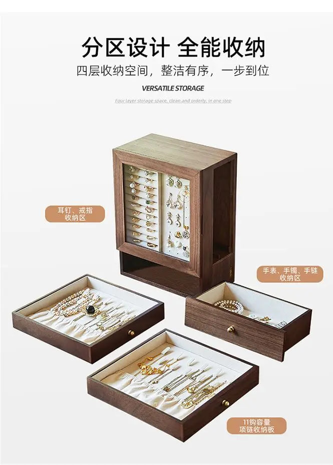 Walnut jewelry storage box High appearance level delicate earrings Stud necklace jewelry multi-layer jewelry box Solid wood
