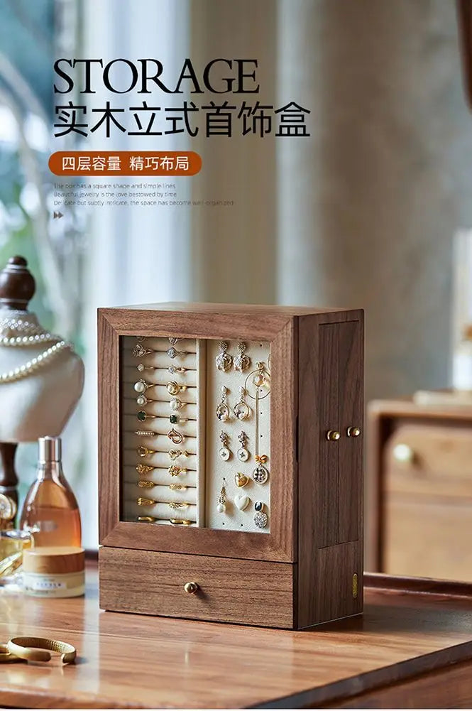 Walnut jewelry storage box High appearance level delicate earrings Stud necklace jewelry multi-layer jewelry box Solid wood