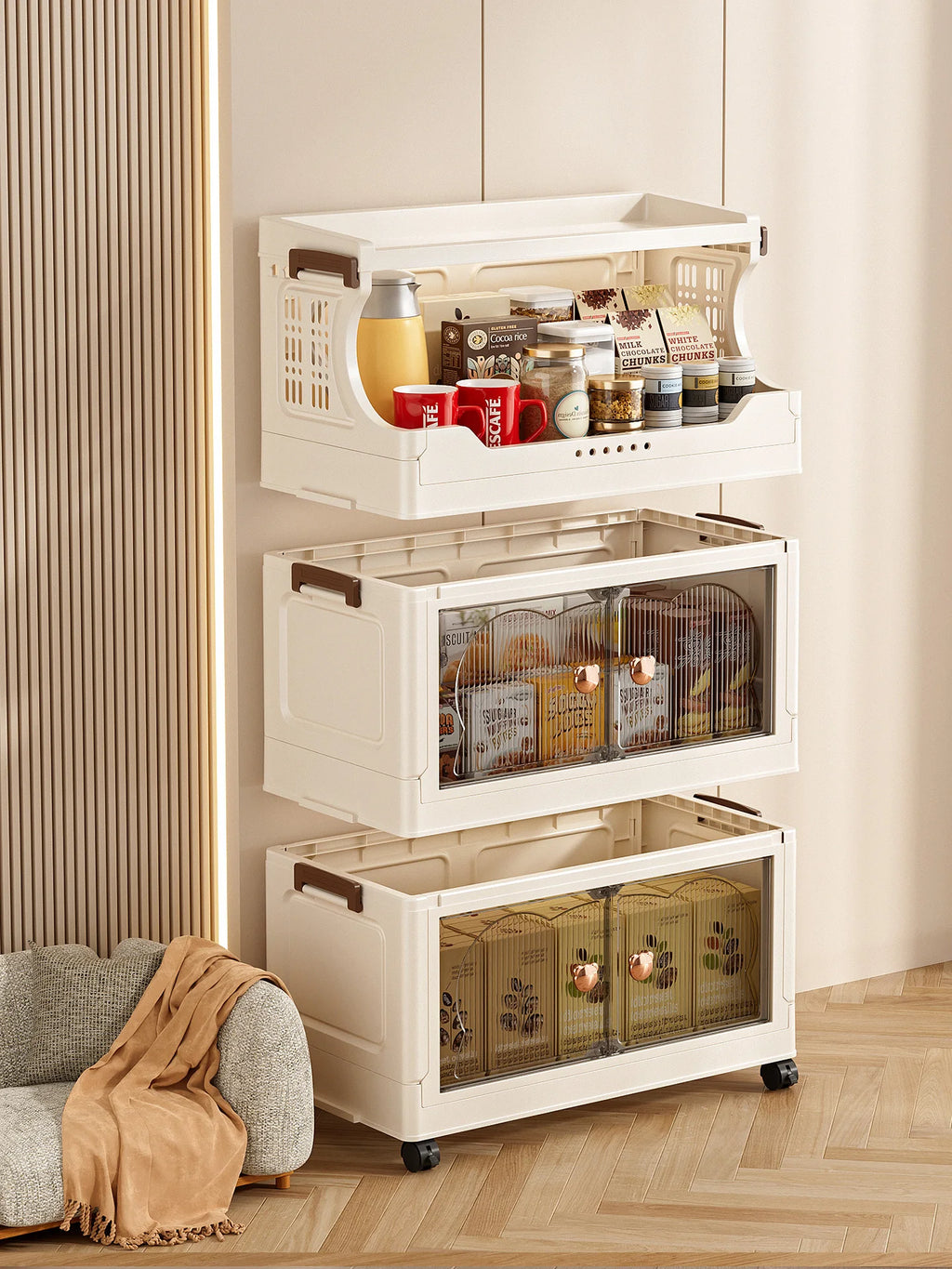 Snack storage shelf, large floor cart for the living room, toy organizing folding cabinet, movable household storage box