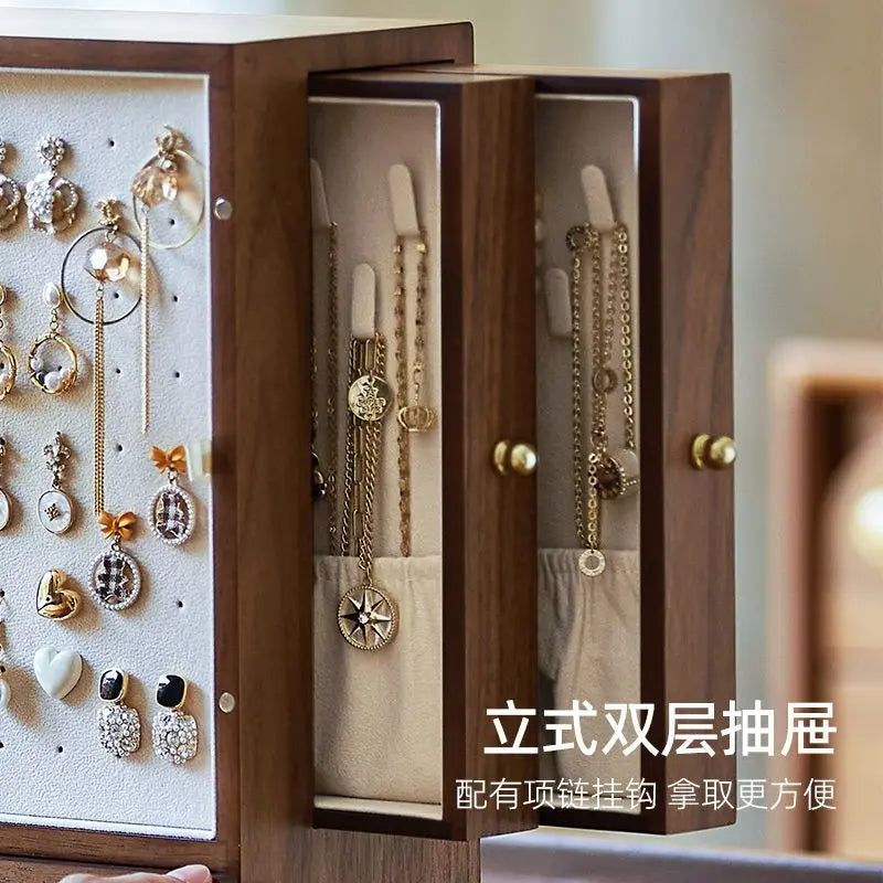 Walnut jewelry storage box High appearance level delicate earrings Stud necklace jewelry multi-layer jewelry box Solid wood